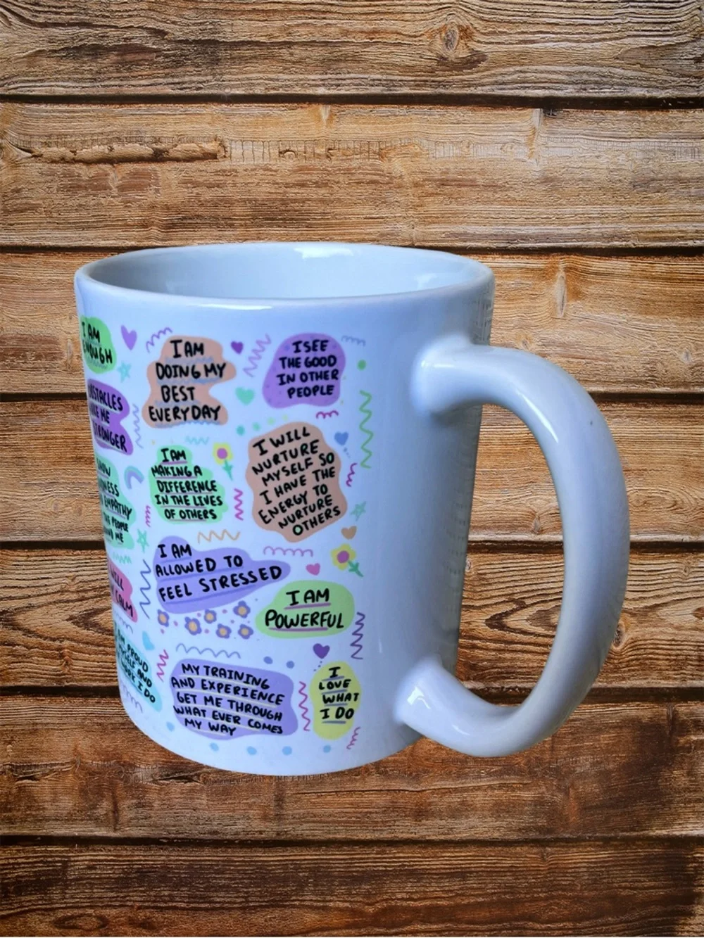 Artist Created Mug White Pink Blue Manager Affirmations